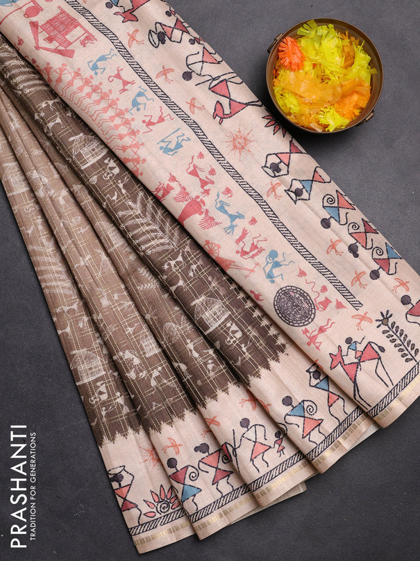 Semi tussar saree sap green and cream with allover zari checks & warli prints  and printed border