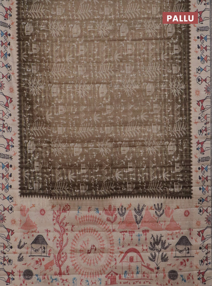 Semi tussar saree sap green and cream with allover zari checks & warli prints  and printed border