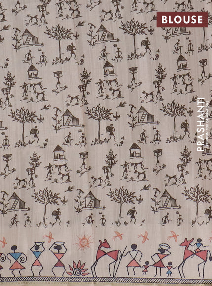 Semi tussar saree sap green and cream with allover zari checks & warli prints  and printed border