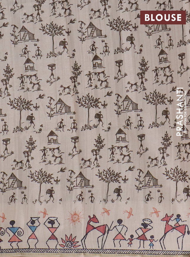 Semi tussar saree sap green and cream with allover zari checks & warli prints  and printed border