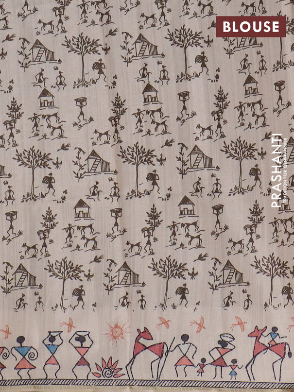 Semi tussar saree sap green and cream with allover zari checks & warli prints  and printed border