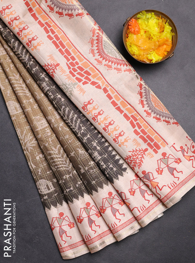 Semi tussar saree dark mehendi green and cream with allover zari checks & warli prints  and printed border
