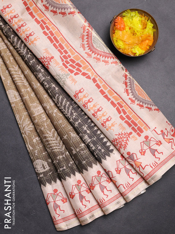 Semi tussar saree dark mehendi green and cream with allover zari checks & warli prints  and printed border