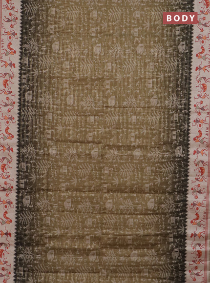 Semi tussar saree dark mehendi green and cream with allover zari checks & warli prints  and printed border