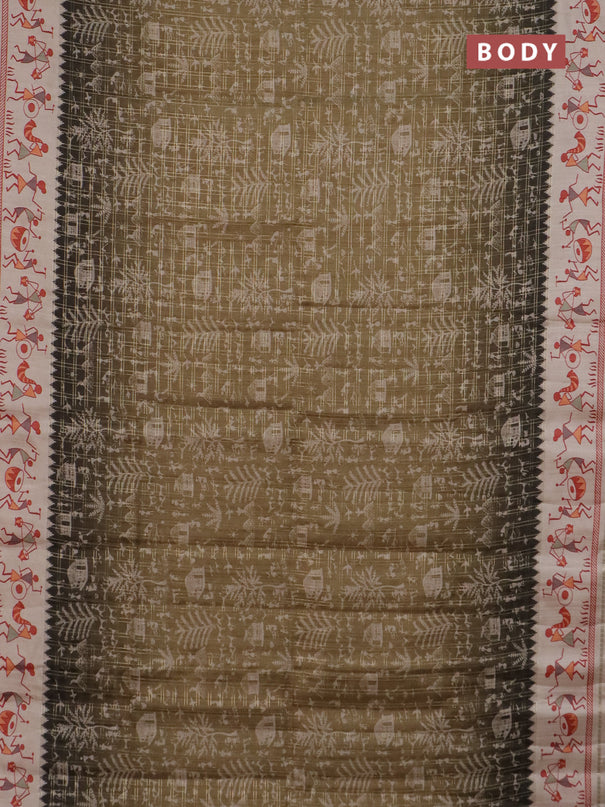 Semi tussar saree dark mehendi green and cream with allover zari checks & warli prints  and printed border