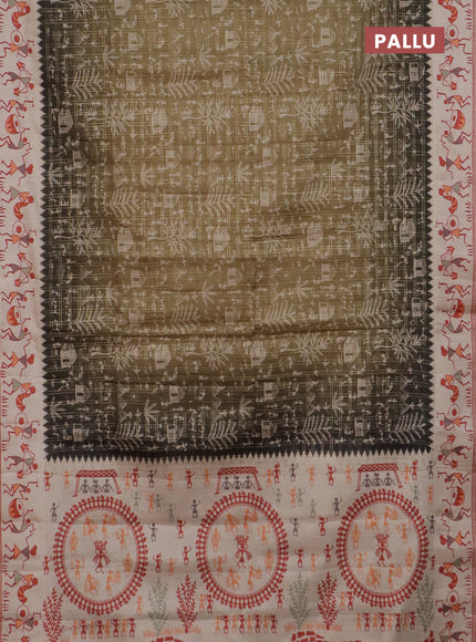 Semi tussar saree dark mehendi green and cream with allover zari checks & warli prints  and printed border