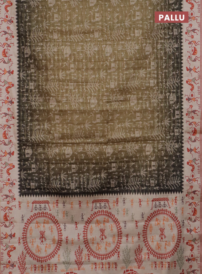Semi tussar saree dark mehendi green and cream with allover zari checks & warli prints  and printed border