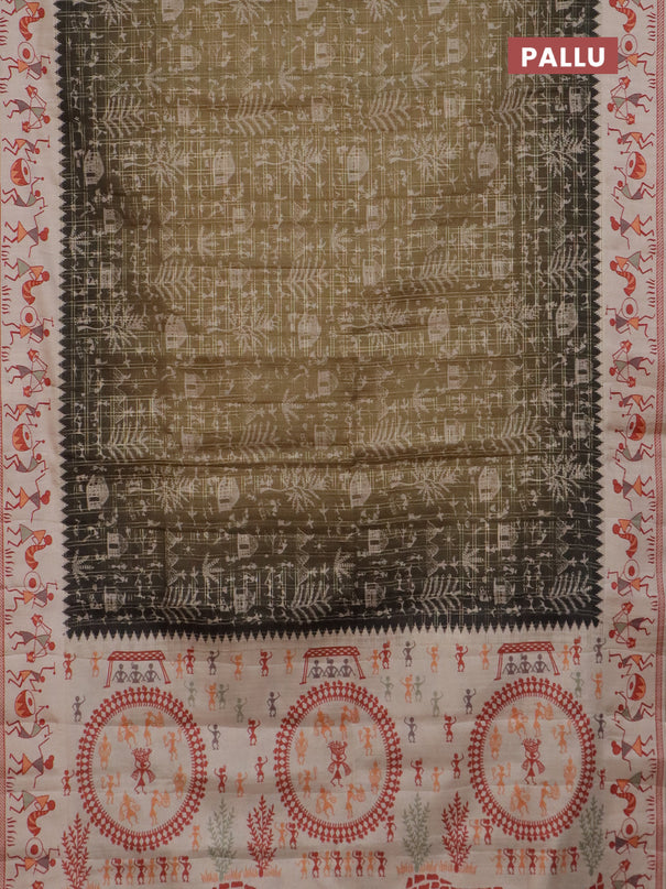 Semi tussar saree dark mehendi green and cream with allover zari checks & warli prints  and printed border