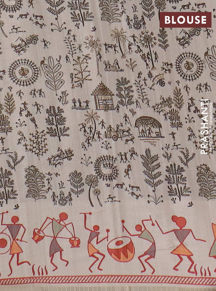 Semi tussar saree dark mehendi green and cream with allover zari checks & warli prints  and printed border