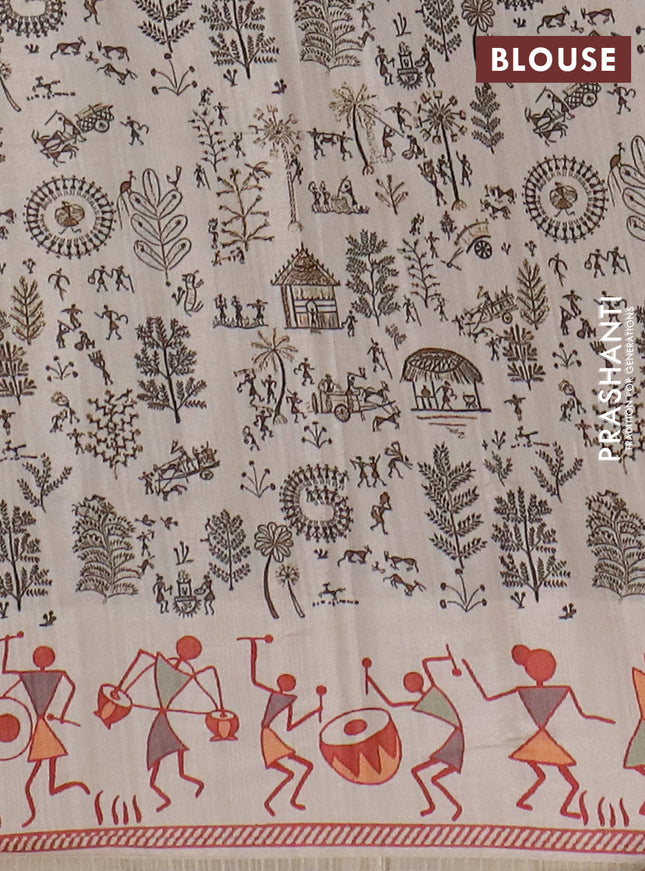 Semi tussar saree dark mehendi green and cream with allover zari checks & warli prints  and printed border