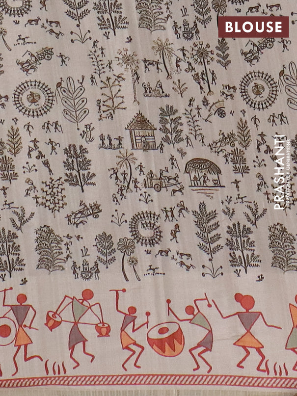 Semi tussar saree dark mehendi green and cream with allover zari checks & warli prints  and printed border