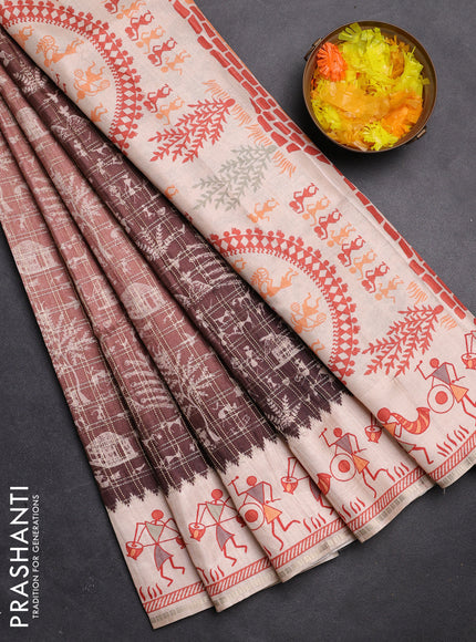 Semi tussar saree brown and cream with allover zari checks & warli prints  and printed border