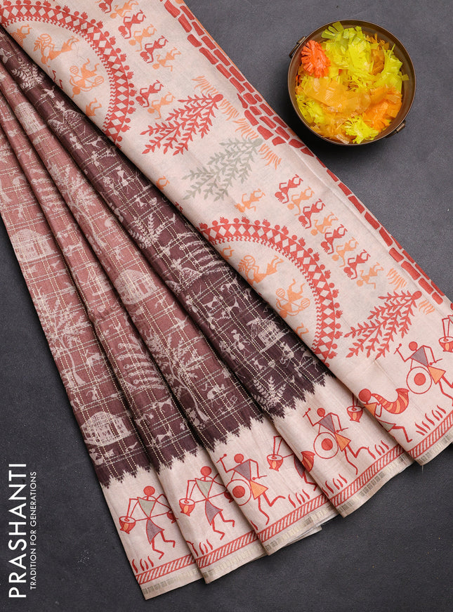 Semi tussar saree brown and cream with allover zari checks & warli prints  and printed border