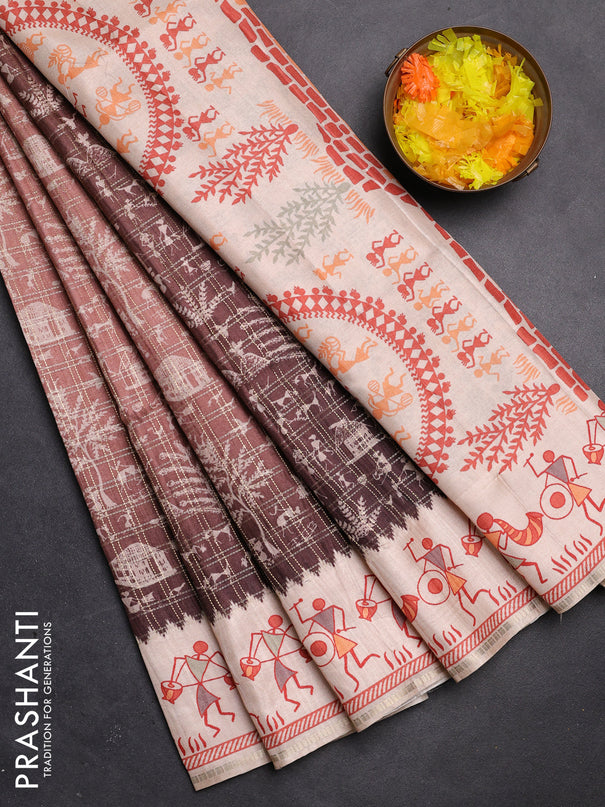Semi tussar saree brown and cream with allover zari checks & warli prints  and printed border