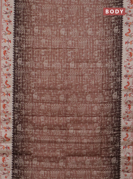 Semi tussar saree brown and cream with allover zari checks & warli prints  and printed border
