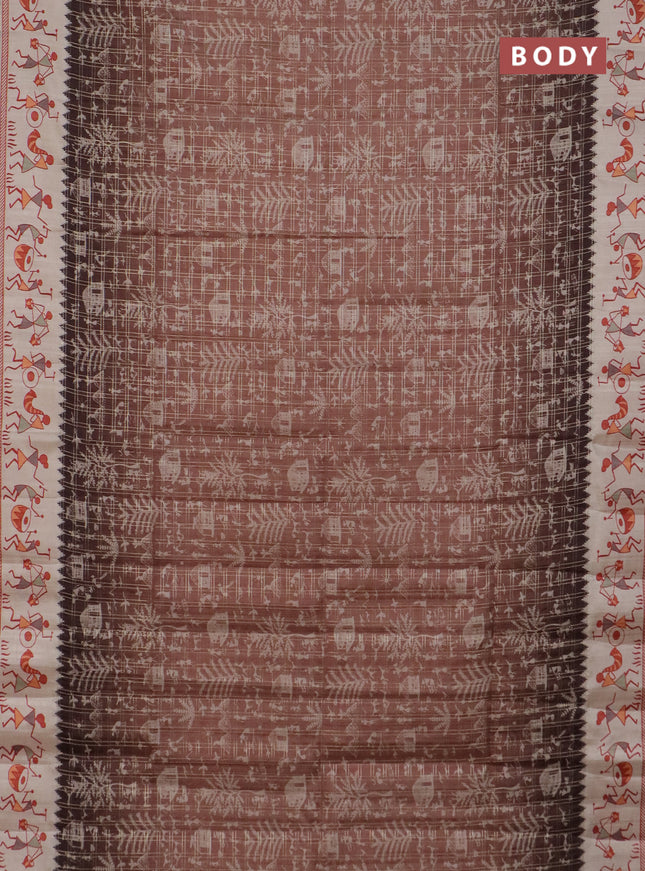 Semi tussar saree brown and cream with allover zari checks & warli prints  and printed border