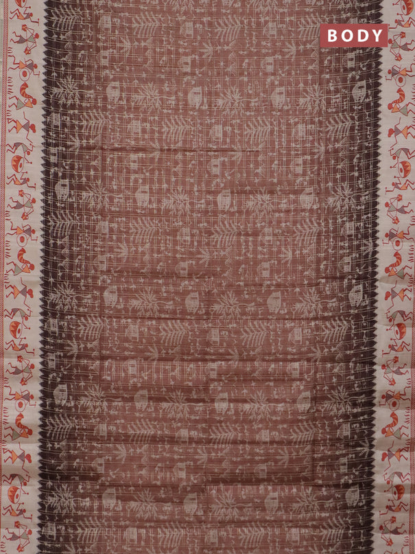 Semi tussar saree brown and cream with allover zari checks & warli prints  and printed border