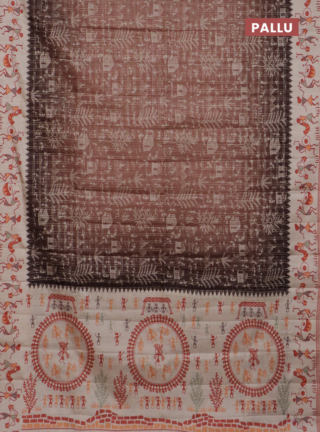 Semi tussar saree brown and cream with allover zari checks & warli prints  and printed border