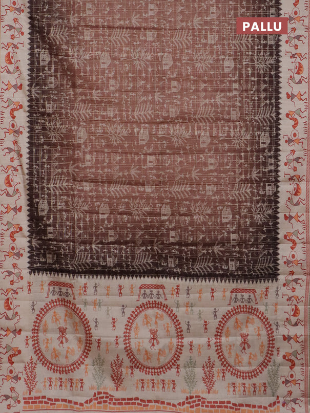 Semi tussar saree brown and cream with allover zari checks & warli prints  and printed border