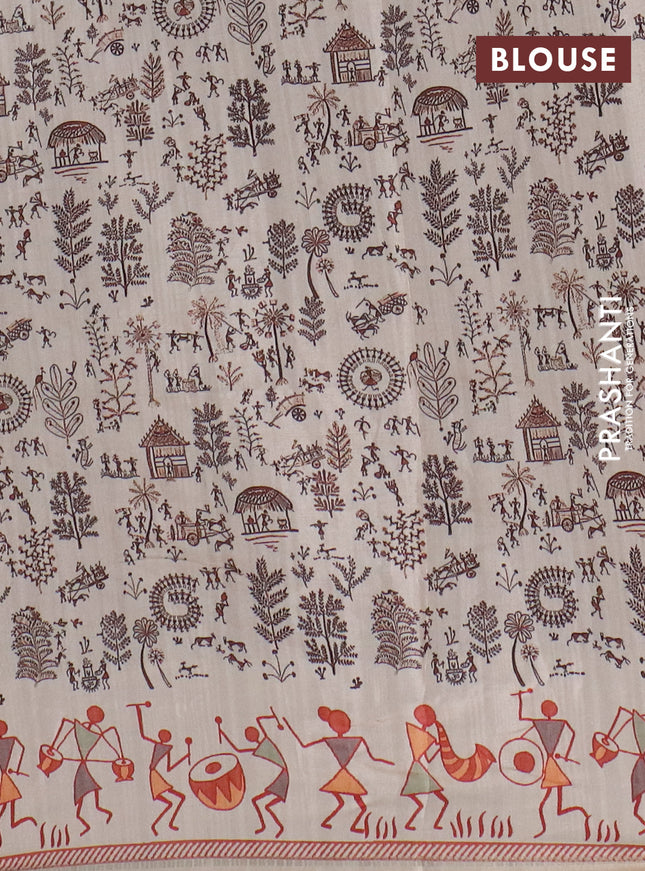 Semi tussar saree brown and cream with allover zari checks & warli prints  and printed border