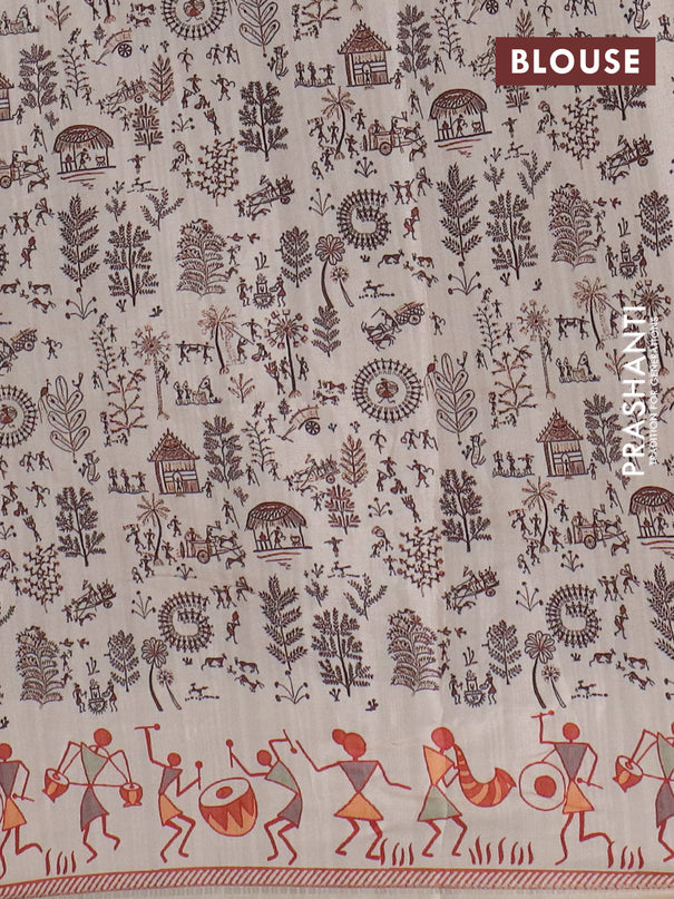 Semi tussar saree brown and cream with allover zari checks & warli prints  and printed border