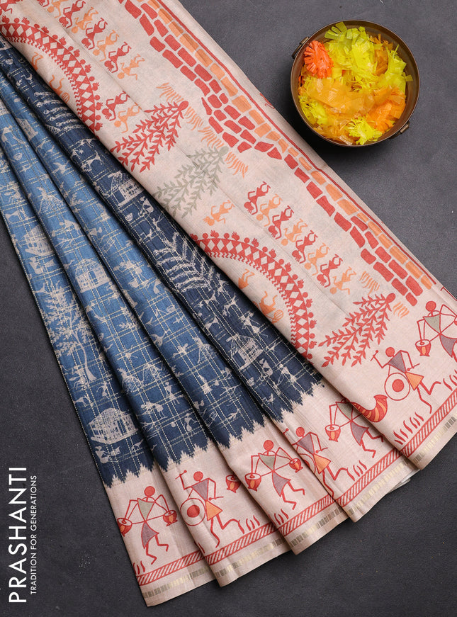 Semi tussar saree peacock blue and cream with allover zari checks & warli prints  and printed border