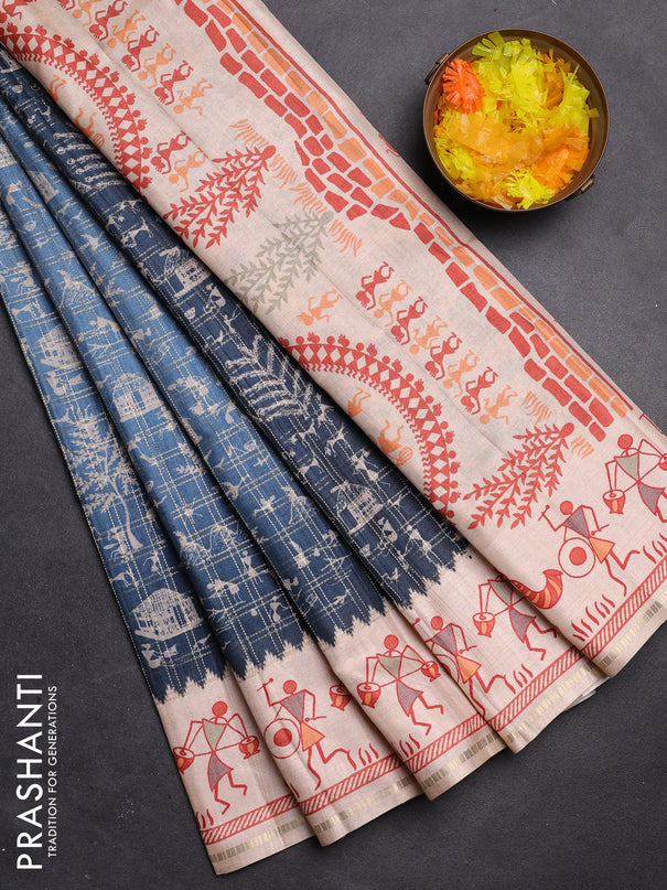Semi tussar saree peacock blue and cream with allover zari checks & warli prints  and printed border