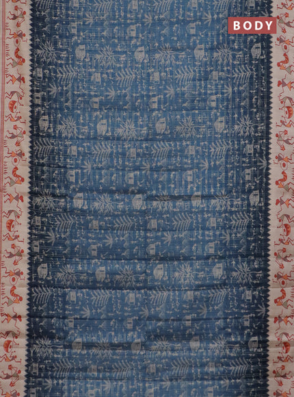 Semi tussar saree peacock blue and cream with allover zari checks & warli prints  and printed border