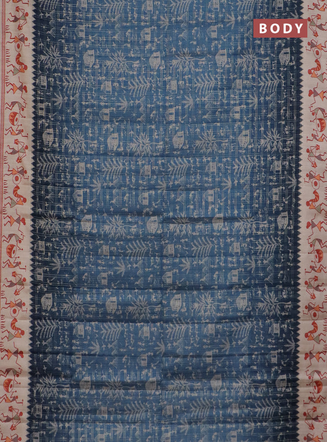 Semi tussar saree peacock blue and cream with allover zari checks & warli prints  and printed border