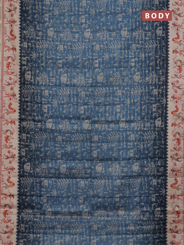Semi tussar saree peacock blue and cream with allover zari checks & warli prints  and printed border
