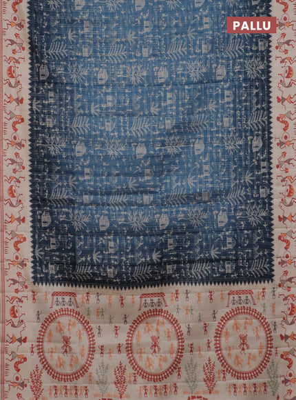 Semi tussar saree peacock blue and cream with allover zari checks & warli prints  and printed border