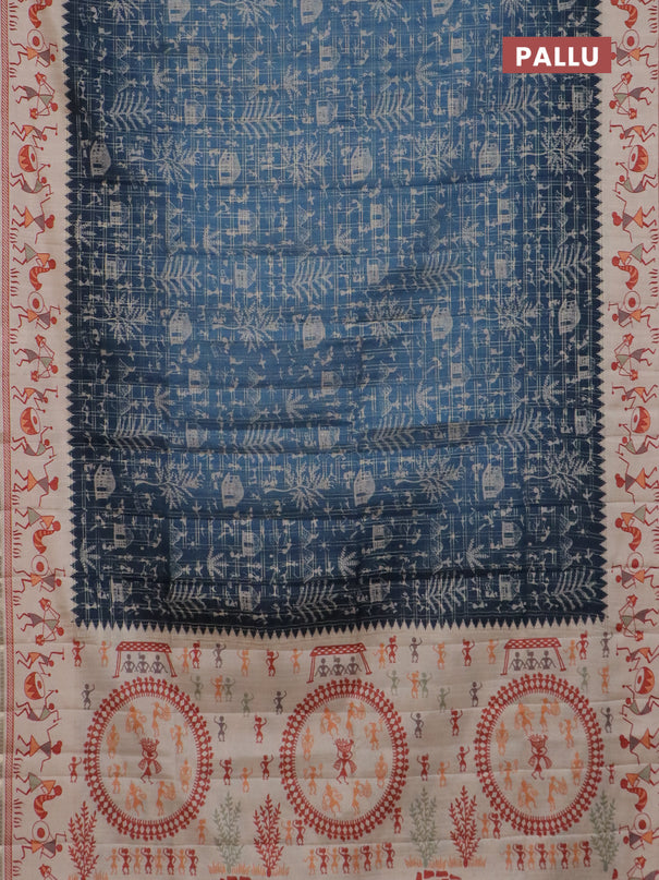 Semi tussar saree peacock blue and cream with allover zari checks & warli prints  and printed border