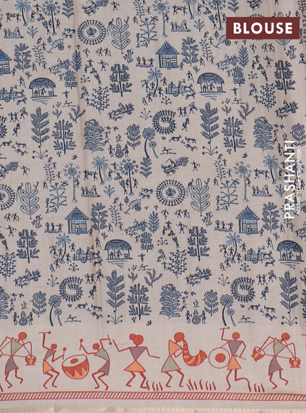 Semi tussar saree peacock blue and cream with allover zari checks & warli prints  and printed border