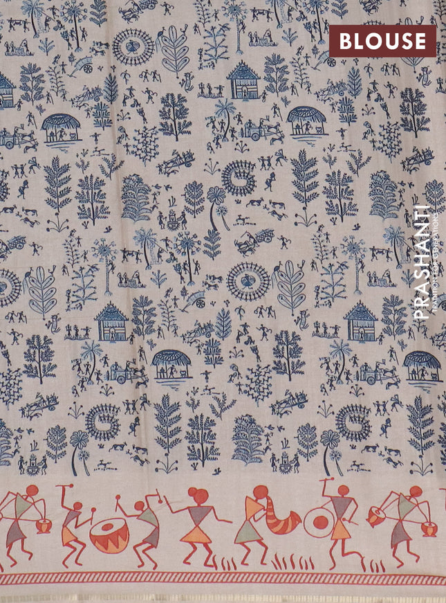 Semi tussar saree peacock blue and cream with allover zari checks & warli prints  and printed border