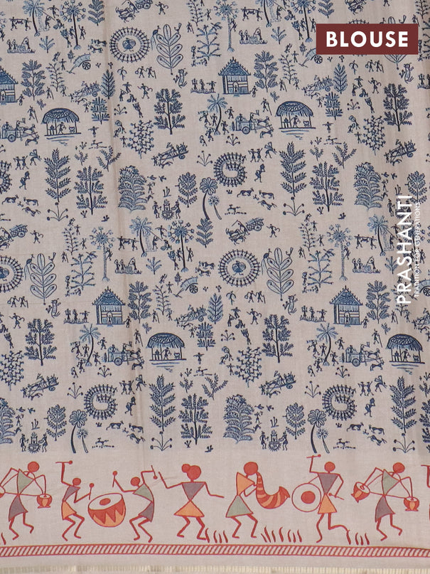 Semi tussar saree peacock blue and cream with allover zari checks & warli prints  and printed border