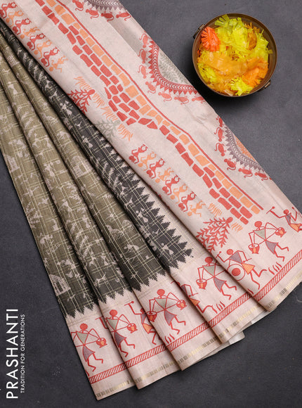 Semi tussar saree sap green and cream with allover zari checks & warli prints  and printed border