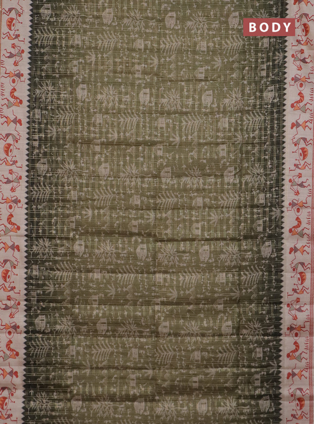 Semi tussar saree sap green and cream with allover zari checks & warli prints  and printed border