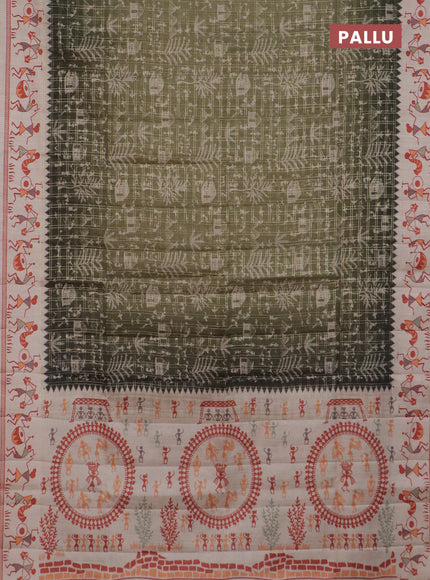 Semi tussar saree sap green and cream with allover zari checks & warli prints  and printed border