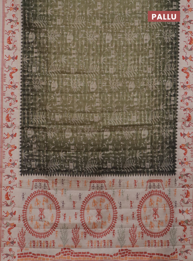 Semi tussar saree sap green and cream with allover zari checks & warli prints  and printed border