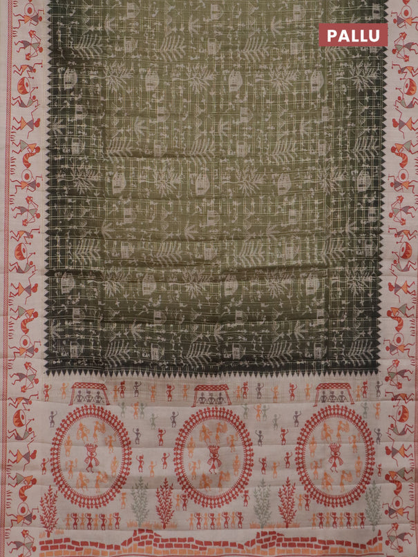 Semi tussar saree sap green and cream with allover zari checks & warli prints  and printed border