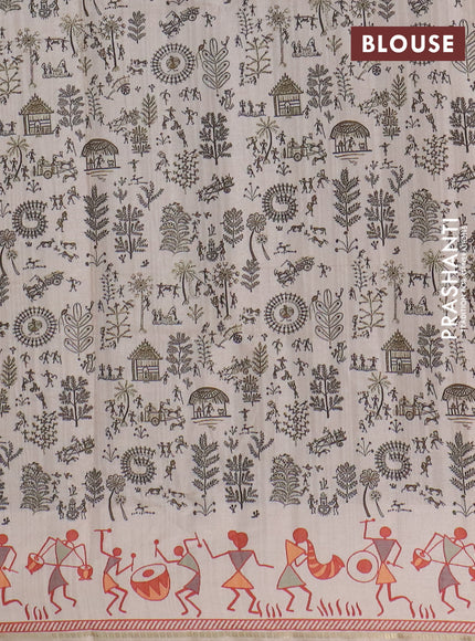 Semi tussar saree sap green and cream with allover zari checks & warli prints  and printed border