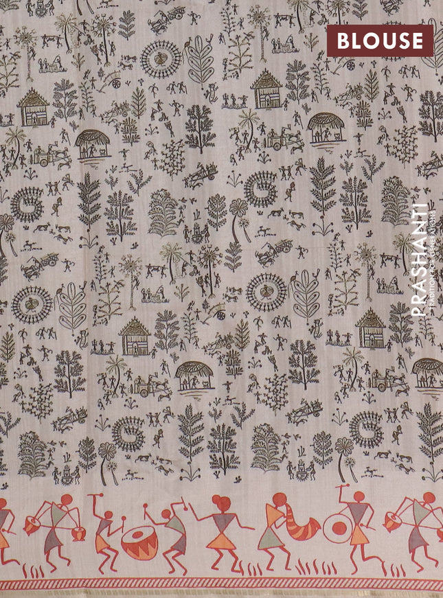 Semi tussar saree sap green and cream with allover zari checks & warli prints  and printed border