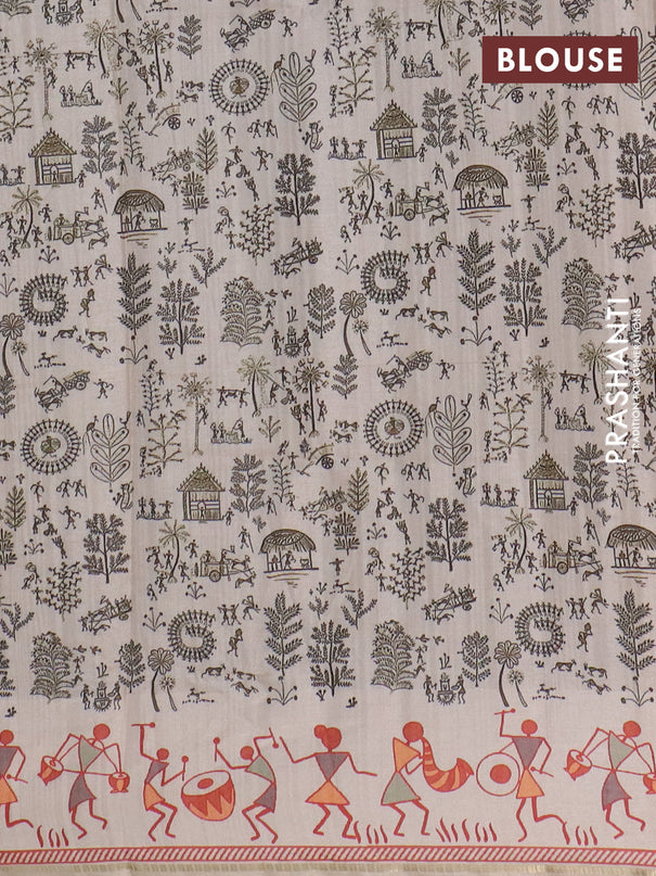 Semi tussar saree sap green and cream with allover zari checks & warli prints  and printed border