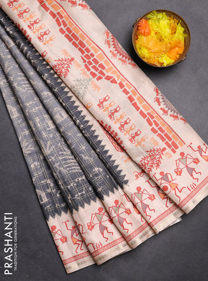 Semi tussar saree gray and cream with allover zari checks & warli prints  and printed border