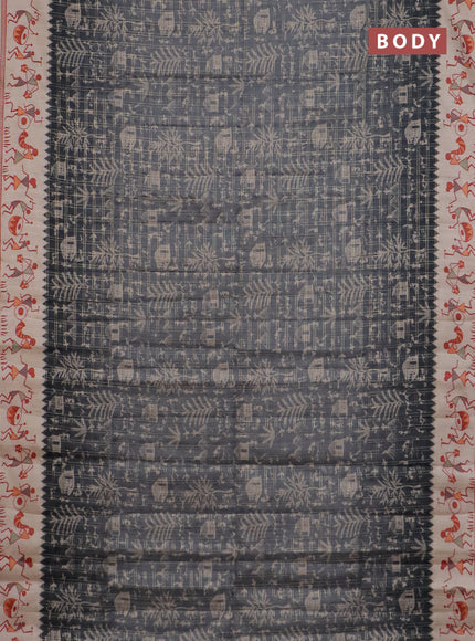 Semi tussar saree gray and cream with allover zari checks & warli prints  and printed border