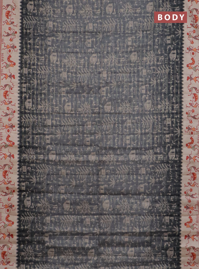 Semi tussar saree gray and cream with allover zari checks & warli prints  and printed border