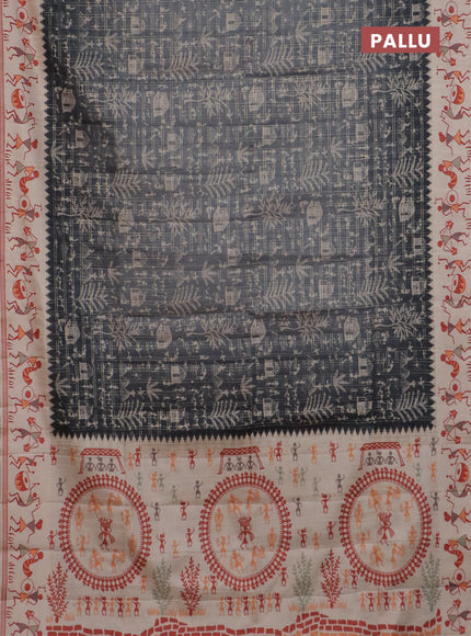 Semi tussar saree gray and cream with allover zari checks & warli prints  and printed border