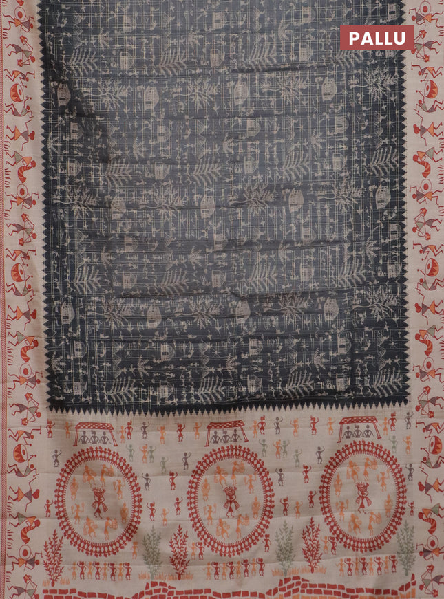 Semi tussar saree gray and cream with allover zari checks & warli prints  and printed border