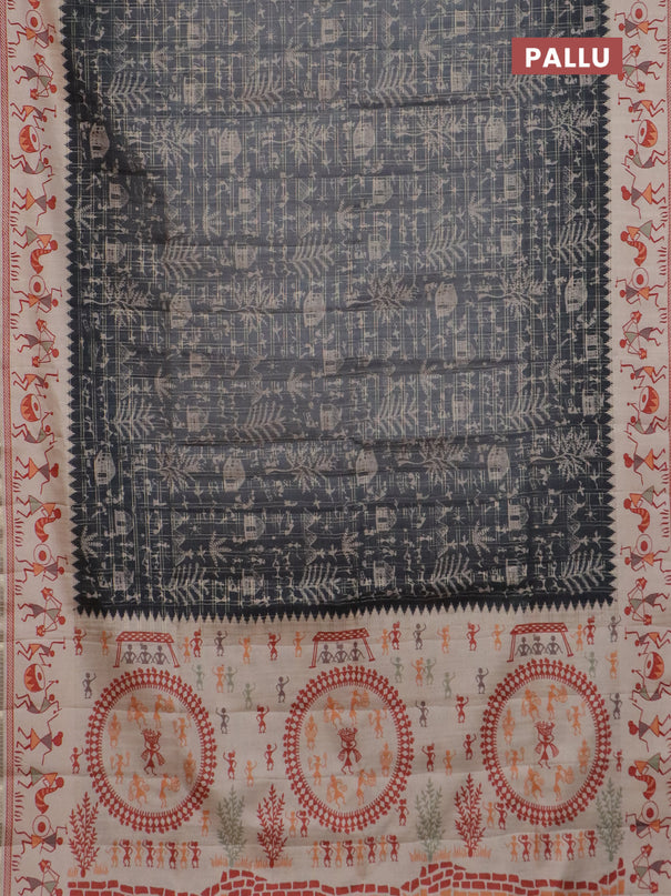 Semi tussar saree gray and cream with allover zari checks & warli prints  and printed border