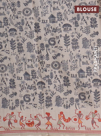 Semi tussar saree gray and cream with allover zari checks & warli prints  and printed border